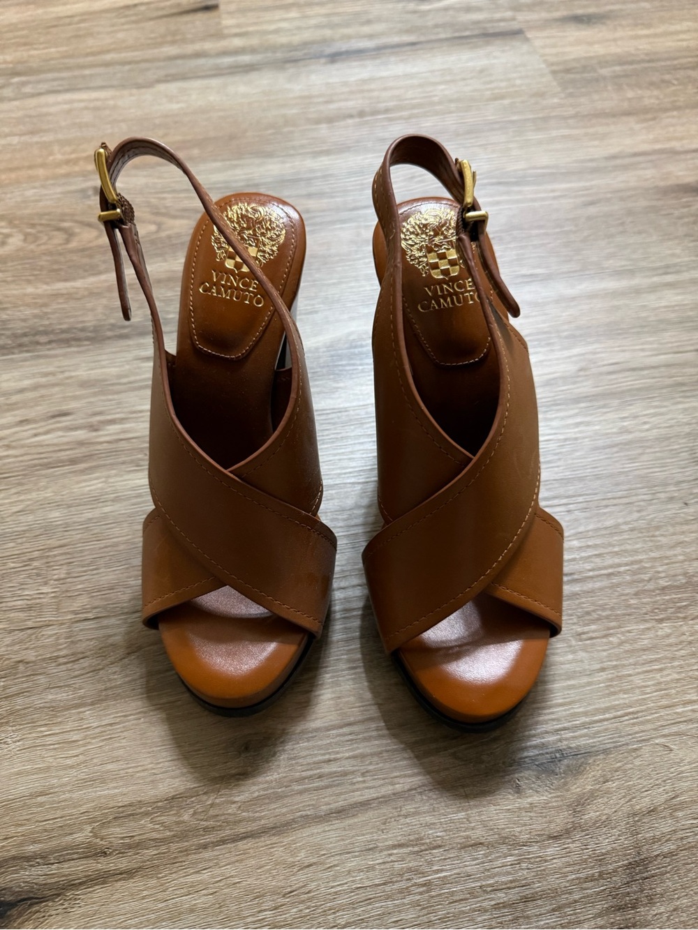 Vince Camuto Tan Brown Leather Crisscross Slingback Heels